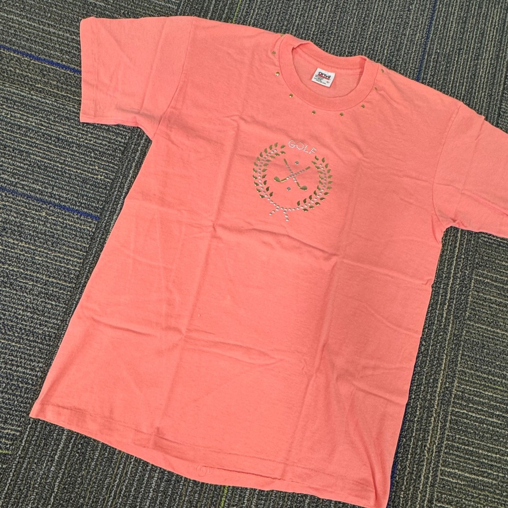 Anvil Golf T-Shirt Women L Coral Pink Good Vintage Studded Rhinestone USA Made